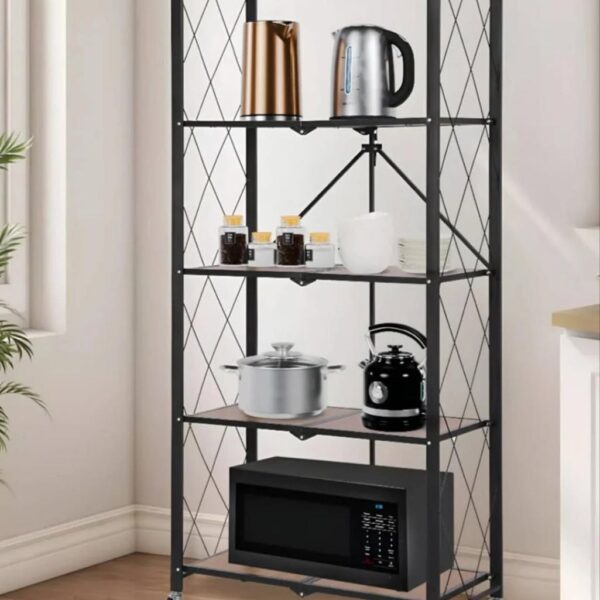 5-Tier Kitchen Storage Rack, Metal Frame With Wooden Shelves, Microwave Stand And Appliance Organizer