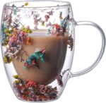 Double Wall Clear Glass Coffee Mugs for Cappuccino, Tea, Espresso, Latte, Hot Drinks, Birthday Gifts for Women, Flower Glass Mug