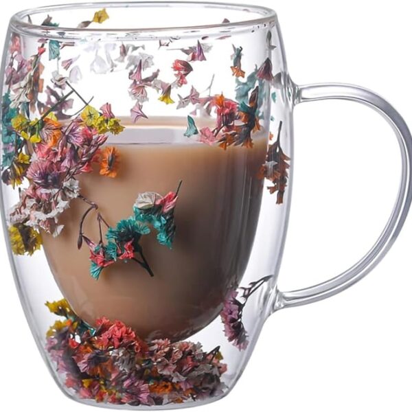 Double Wall Clear Glass Coffee Mugs for Cappuccino, Tea, Espresso, Latte, Hot Drinks, Birthday Gifts for Women, Flower Glass Mug