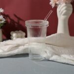 lear Ribbed Glass Cups With Lids and Glass Straws 12.6oz Stripe Ice Coffee Glass Tumble Glass Drinking Jar Vintage Glassware Holiday birthday gifts 375ml