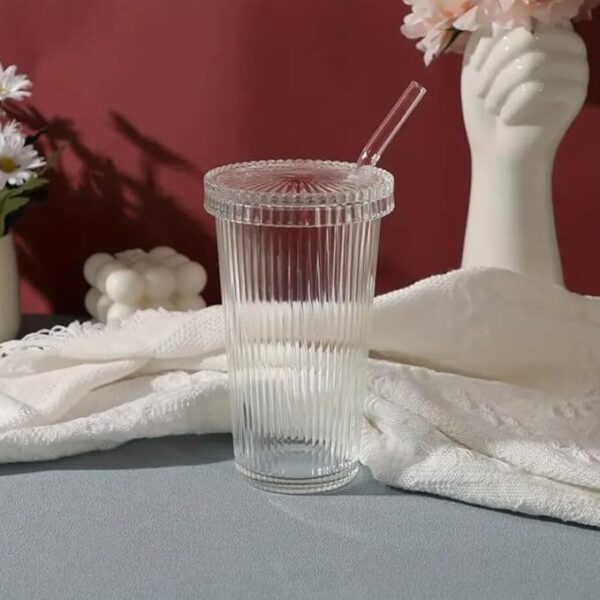 lear Ribbed Glass Cups With Lids and Glass Straws 12.6oz Stripe Ice Coffee Glass Tumble Glass Drinking Jar Vintage Glassware Holiday birthday gifts 375ml