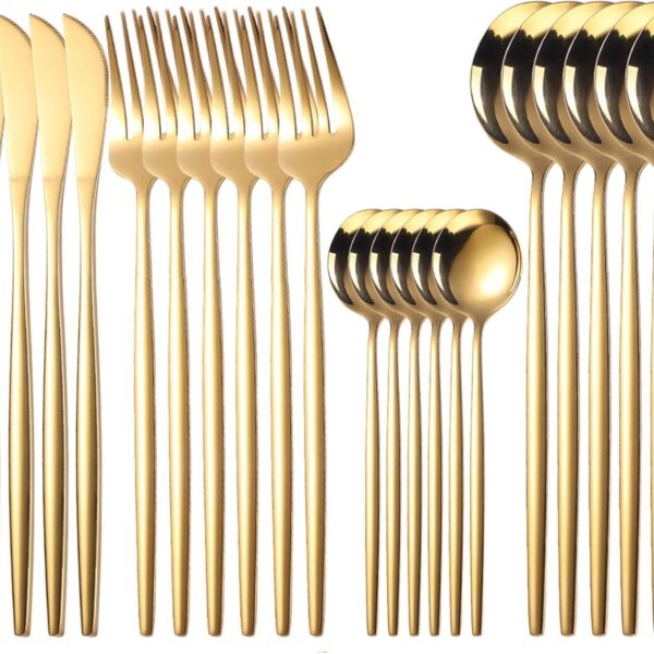 24-Piece Cutlery Set, Stainless Steel Cutlery for 6 Persons Includes Knives, Forks and Spoons, Cutlery Set for Kitchen, Restaurant, Dishwasher Safe (Gold)