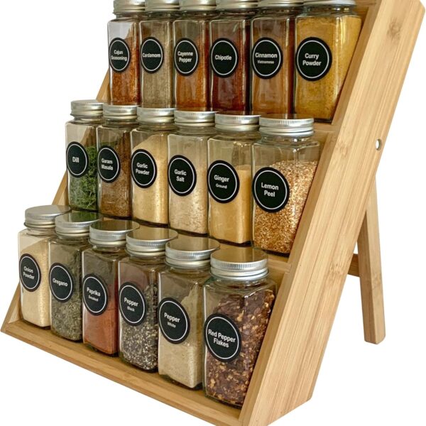 Pacific Moon Tree Bamboo Spice Rack and Organizer, 3-tier Seasoning Spice Jar Organizer, Excellent Tiered Wooden Spice Racks Free Standing for Cabinet Drawers and Countertop