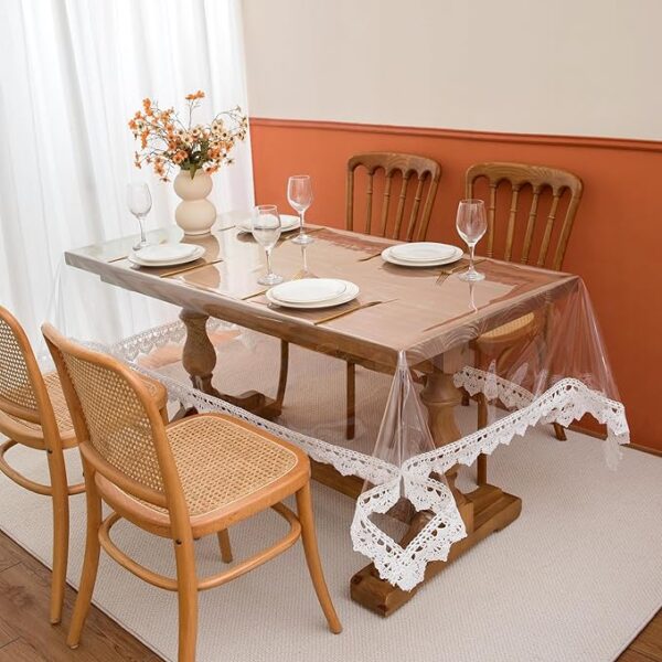 sancua 2 Pack Clear Plastic Table Cover Protector 90*145 cm inch, Rectangle Transparent PVC Table Cloth with Lace Edge 100% Waterproof Vinyl Tablecloths for Dining Kitchen Indoor Outdoor