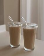lear Ribbed Glass Cups With Lids and Glass Straws 12.6oz Stripe Ice Coffee Glass Tumble Glass Drinking Jar Vintage Glassware Holiday birthday gifts 375ml - Image 4