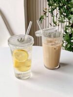 lear Ribbed Glass Cups With Lids and Glass Straws 12.6oz Stripe Ice Coffee Glass Tumble Glass Drinking Jar Vintage Glassware Holiday birthday gifts 375ml - Image 2
