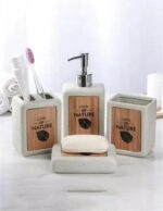 Porcelain Bathroom Set, Bamboo Accent, Soap Dish, Toothbrush & Toothpaste Cup, Dispenser(White,brown,black and gray)