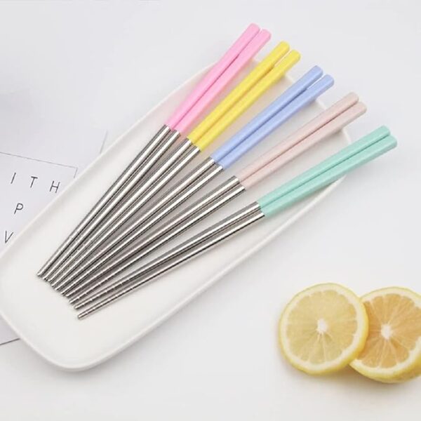 Stainless Steel Lightweight Reusable Chopsticks - Non-Slip Dishwasher Safe Wheat Set of 10 Assorted Colors in Barrel