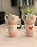 Generic Decorative Porcelain Coffee Mugs, Pink and White Ombre, Love Design Collection, Tea Cups with Heart Prints, 350ml, Set of 4