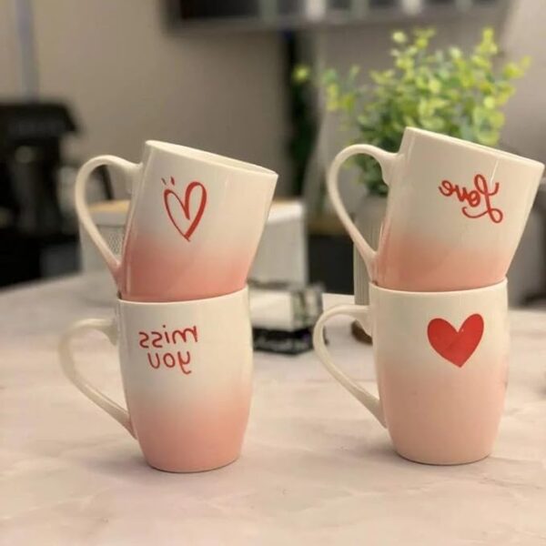 Generic Decorative Porcelain Coffee Mugs, Pink and White Ombre, Love Design Collection, Tea Cups with Heart Prints, 350ml, Set of 4