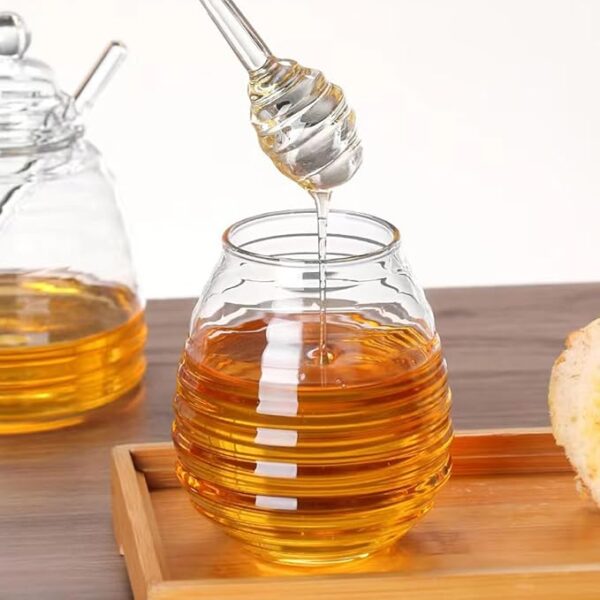 Glass Honey Jar with Dipper and Lid, 14 oz Heat Resistant Honey Pot, Coffee Bar Decor