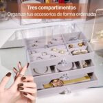 Yabely Acrylic Jewelry Organizer Clear Jewelry Box with 3 Drawers, Velvet Stackable Jewelry Box, Multifunctional Jewelry Box for Earrings, Rings, Necklaces, Watches, etc, Gift for Women (Grey) - Image 4