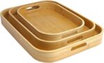 Next Store Natural Bamboo Wooden Oval Shape Kitchen Serving Tray Set 3 Pieces With Wooden Handle