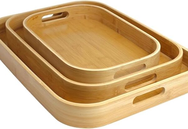 Next Store Natural Bamboo Wooden Oval Shape Kitchen Serving Tray Set 3 Pieces With Wooden Handle