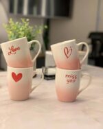⁦Generic Decorative Porcelain Coffee Mugs, Pink and White Ombre, Love Design Collection, Tea Cups with Heart Prints, 350ml, Set of 4⁩ - الصورة ⁦3⁩