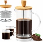 French Press Coffee Maker 350ml - Heat Resistant Thick Borosilicate Glass with 4 Stainless Steel Filter System and Natural Bamboo Lid