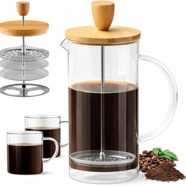French Press Coffee Maker 350ml - Heat Resistant Thick Borosilicate Glass with 4 Stainless Steel Filter System and Natural Bamboo Lid