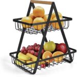 Fruit Stand Fruit Baskets with 2 Levels Fruit Bowl Fruit Bowl Bread Basket Vegetable Wooden Holder Storage for Kitchen Storage, Black (Black-2)