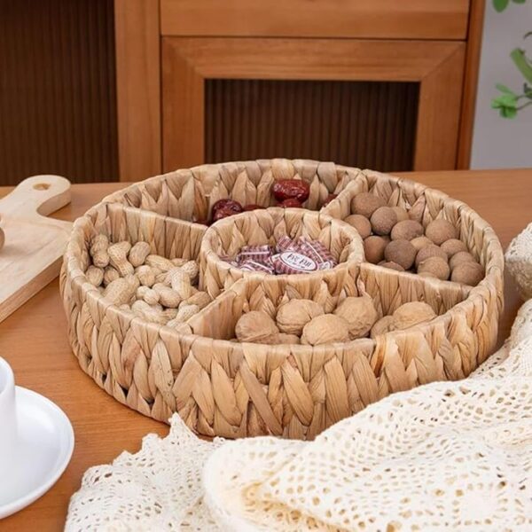 Generic Handwoven Wicker Serving Plate, 5-Section, Round Snack and Fruit Organiser .