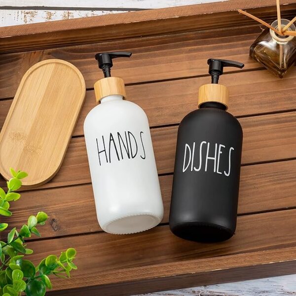 Bathroom Integrated Countertop Soap Dispenser, Plastic Refillable Cosmetic Pump Shower Dispenser Containers, Hands Dishes Soap and Lotion Bamboo Tray Bathroom Accessories Black White 2 Packs