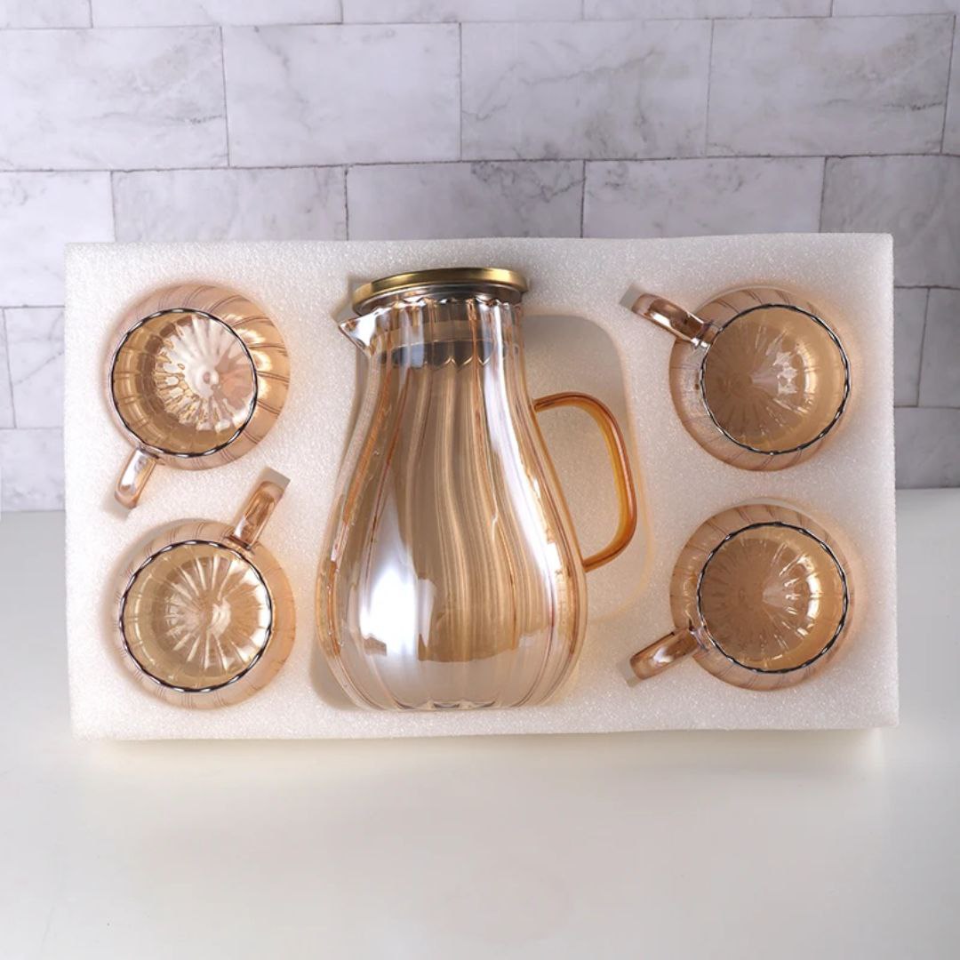 photo_5796513027351235652_y Generic Crystal Set, 6 Cups with Serving Tray, Amber Glass, 8-Piece - Image 1