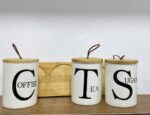 ⁦Ceramic Tea Coffee Sugar Storage Container Set of 3 with Stand and Bamboo Wood Lid - Modern Spice Jars Large Capacity for Kitchen Organization and Decor⁩ - الصورة ⁦2⁩