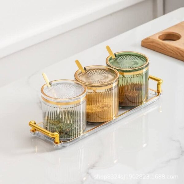 Acrylic Spice Jars, Spice Box with Lids and Spatula, Tray, Clear Plastic Condiment Cans, Kitchen Seasoning Box Set to Store Salt, Sweet Pepper, Sugar (3 Multicolored Pieces)