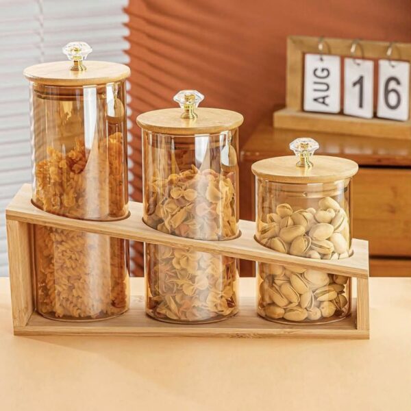 Spice Storage for Kitchen - Set of 3Acrylic Jars with Bamboo Wood Lids and Base, Perfect for Home, Coffee Corner, and Organizing Salt, Sugar, and Coffee