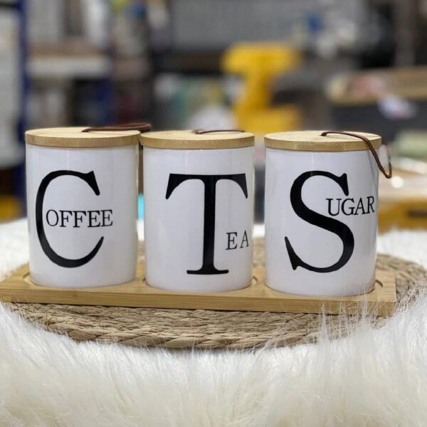 Ceramic Tea Coffee Sugar Storage Container Set of 3 with Stand and Bamboo Wood Lid - Modern Spice Jars Large Capacity for Kitchen Organization and Decor