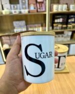 ⁦Ceramic Tea Coffee Sugar Storage Container Set of 3 with Stand and Bamboo Wood Lid - Modern Spice Jars Large Capacity for Kitchen Organization and Decor⁩ - الصورة ⁦3⁩