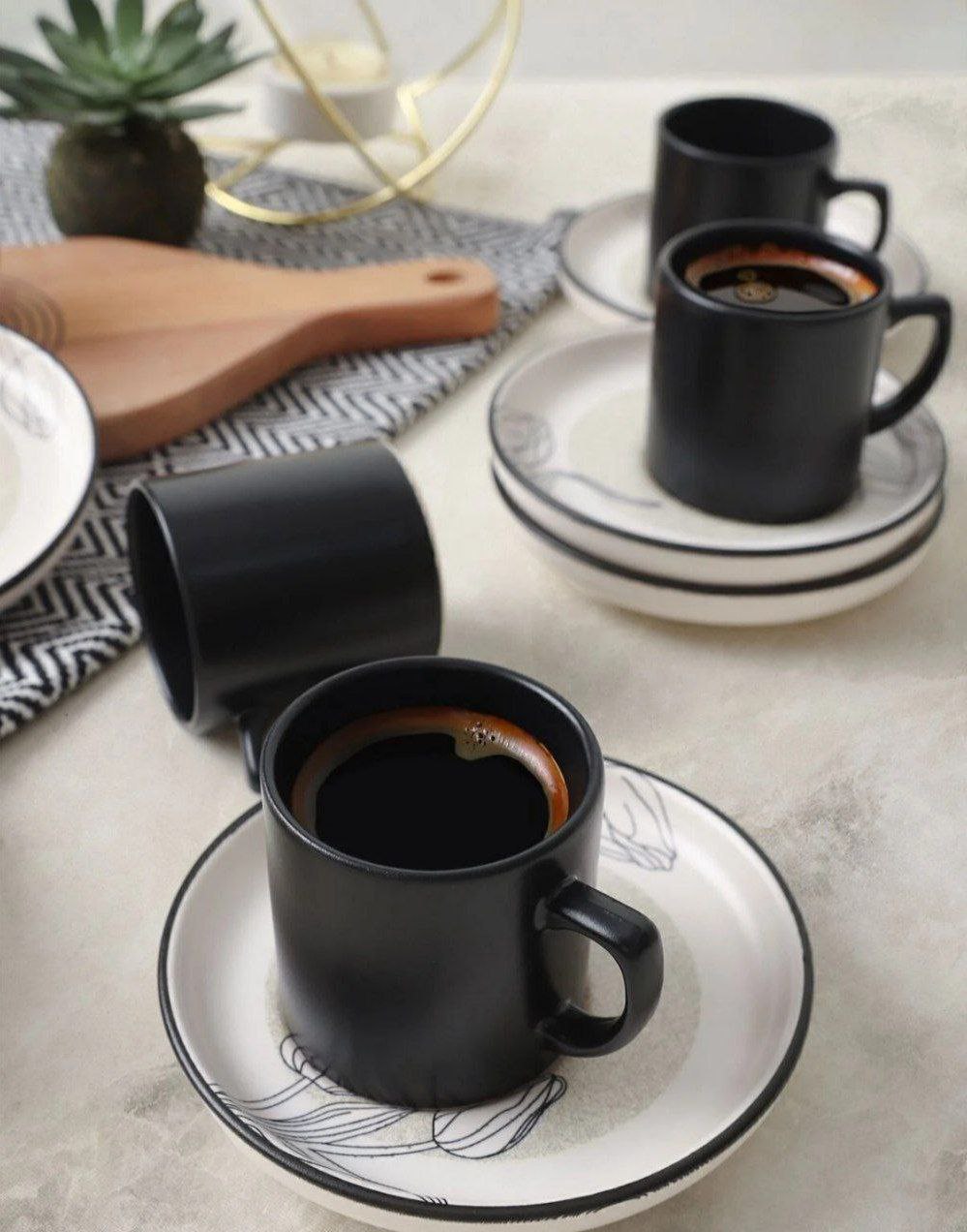 photo_6017314182187305552_y Generic Porcelain Coffee Cup Set, 2 Cups with Matching 2 Plates, (Black,blue and white) - Image 1