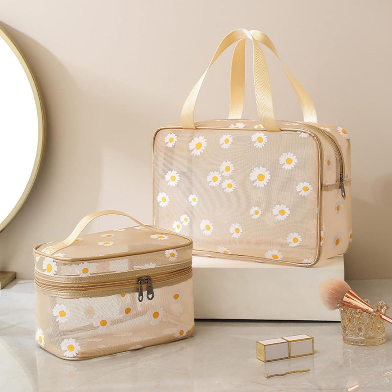 photo_6021701886417159794_y Generic Floral Pattern Travel Toiletry Bag Set, 2 Pieces, Beige - Image 1