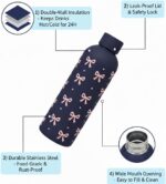 500ml Vacuum Insulated Stainless Steel Water Bottle - Elegant Navy Blue with Pink Bow Pattern - Leakproof Double Wall Thermal Flask - Keeps Drinks Hot & Cold for School, Office & Gym(BLACK) - Image 2