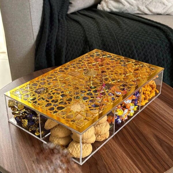Generic Acrylic Serving Box with Gold Arabesque Lid and Crystal Handle, 6 Compartments, 36 x 24 cm, Clear Storage Organizer for Ramadan Sweets, Cookies, Snacks, Biscuits and Treats