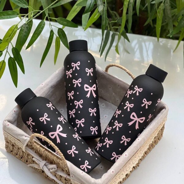 500ml Vacuum Insulated Stainless Steel Water Bottle - Elegant Navy Blue with Pink Bow Pattern - Leakproof Double Wall Thermal Flask - Keeps Drinks Hot & Cold for School, Office & Gym(BLACK)