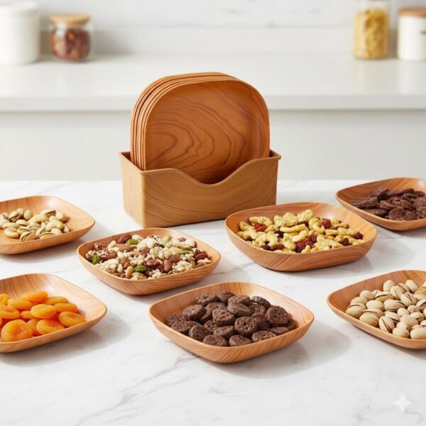 Generic Wooden Dinnerware Set with Stand, 6-in-1 Multi-Purpose Serving Set, 5 Pieces with Storage Stand, Natural Wood Snack Plates, .sg