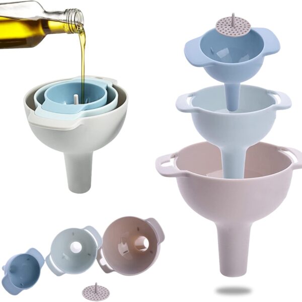 Set of 4 Kitchen Funnels, Nesting Funnels with Handles, Food-Grade Plastic Wide-Mouth Funnels with Removable Strainer for Filling Bottles with Oil/Liquid/Food/Powder