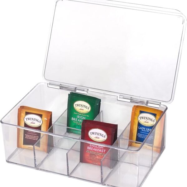 6 Compartments Clear Acrylic Organizer Box, Multi-Use Organizer for Tea, Coffee, Spices, Makeup, 22x17x10cm