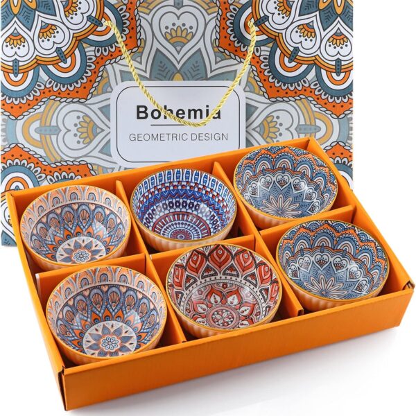 Skelang Ceramic Serving Bowls, Rice Bowl with Gift Box, Bohemian Style Pottery Bowls, Porcelain Serving Bowls for Rice, Creal, Dessert, 10oz/300ml, Set of 6