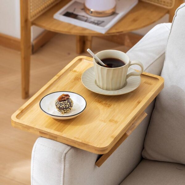 Nnewvante Bamboo Sofa Tray Table Clip on Side Table for Wide Couches Arm, Foldable Couch Tray with 360° Rotating Phone Holder, Armrest Table for Eating，Drinks，Snacks，Remote，Control (Rectangle)