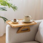 ⁦Nnewvante Bamboo Sofa Tray Table Clip on Side Table for Wide Couches Arm, Foldable Couch Tray with 360° Rotating Phone Holder, Armrest Table for Eating，Drinks，Snacks，Remote，Control (Rectangle)⁩ - الصورة ⁦3⁩