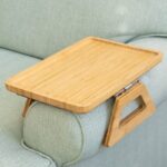 ⁦Nnewvante Bamboo Sofa Tray Table Clip on Side Table for Wide Couches Arm, Foldable Couch Tray with 360° Rotating Phone Holder, Armrest Table for Eating，Drinks，Snacks，Remote，Control (Rectangle)⁩ - الصورة ⁦2⁩