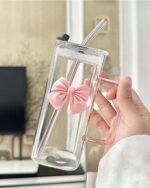 Generic Square Glass Straw Mug with Bamboo Lid, Pink Bow Design, 400ml, Heat and Cold Resistant with Silicone Seal .