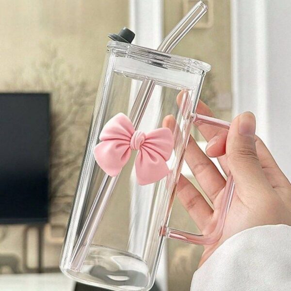 Generic Square Glass Straw Mug with Bamboo Lid, Pink Bow Design, 400ml, Heat and Cold Resistant with Silicone Seal .