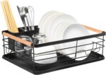 Dish Drying Rack with Removable Drip Tray, Metal Dish Drying Rack Organizer for Kitchen with Wooden Handles, Dish Rack, Dish Drainers