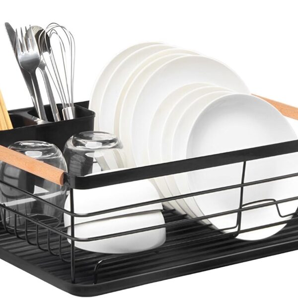 Dish Drying Rack with Removable Drip Tray, Metal Dish Drying Rack Organizer for Kitchen with Wooden Handles, Dish Rack, Dish Drainers
