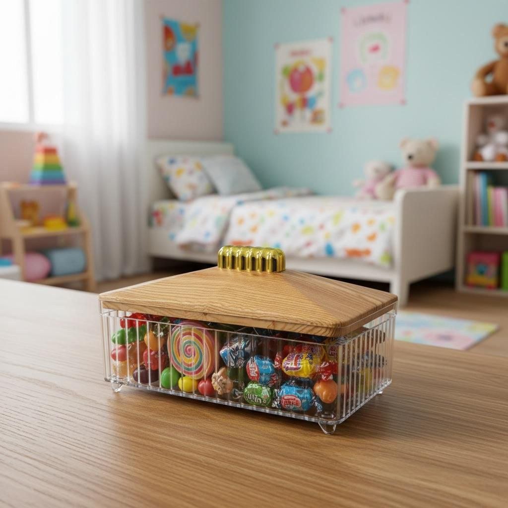 5774007613472312692 Sella Serving Box with Wooden Lid and Gold Handle, Clear Acrylic Multi Use for Dates, Nuts and Desserts, Luxury Modern Design - الصورة 1