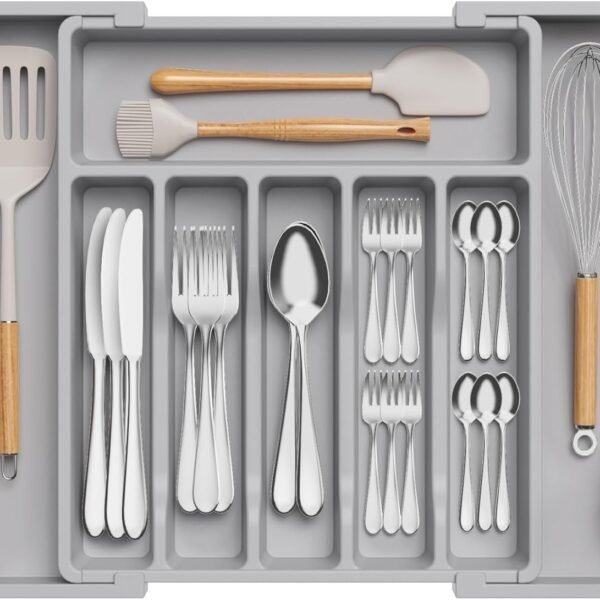 ifewit Silverware Organizer, Expandable Utensil Tray for Drawer, Adjustable Flatware and Cutlery Holder, Compact Plastic Drawerstore Holding Spoons Forks Knives, Large, Grey | BPA Free Flatware Cutlery Holder for Kitchen, Adjustable Plastic Storage for Spoons Forks Knives, 13-22 x15, Gray