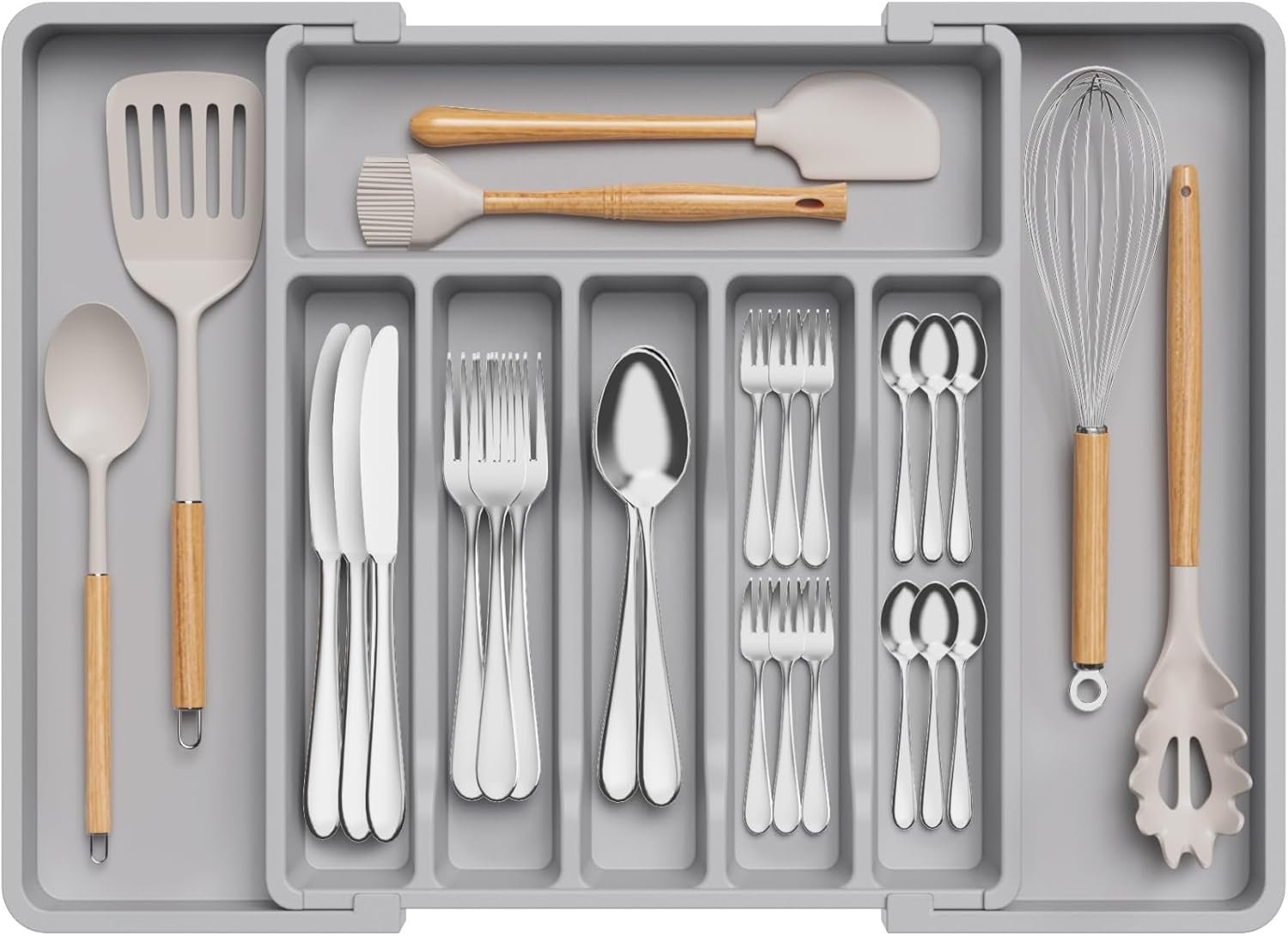 7120XrC+kdL._AC_SL1500_ ifewit Silverware Organizer, Expandable Utensil Tray for Drawer, Adjustable Flatware and Cutlery Holder, Compact Plastic Drawerstore Holding Spoons Forks Knives, Large, Grey | BPA Free Flatware Cutlery Holder for Kitchen, Adjustable Plastic Storage for Spoons Forks Knives, 13-22 x15, Gray - الصورة 1